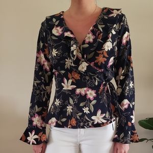 Navy floral wrap blouse, size medium